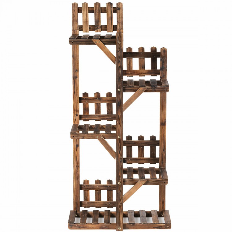 5-tier wooden flower rack with slatted shelves, designed for plant display and storage, ensuring stability and.
