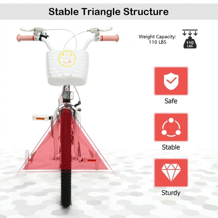 Front view of the 18-inch pink kids bike with training wheels, featuring a sturdy carbon steel frame and adjustable.