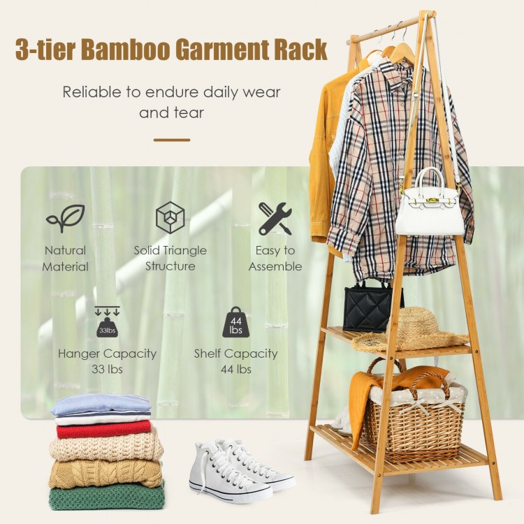 Bamboo clothes hanging rack with 2-tier storage shelves, featuring a natural finish and stable ladder structure for.