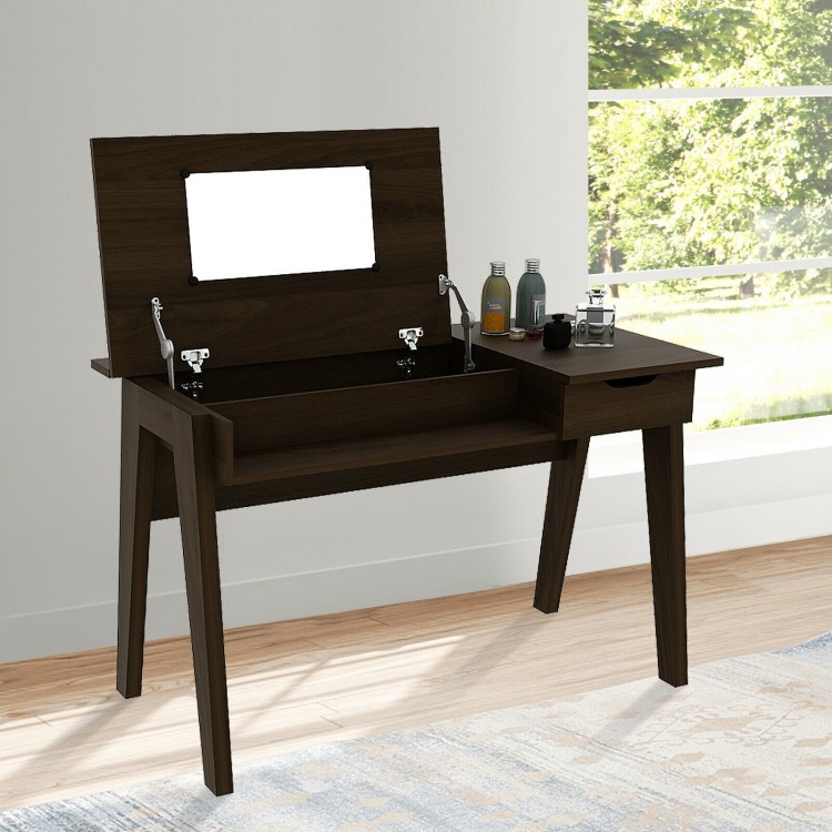 Dressing table with flip mirror and storage drawer, highlighting the elegant flip-top design and two inner compartments.