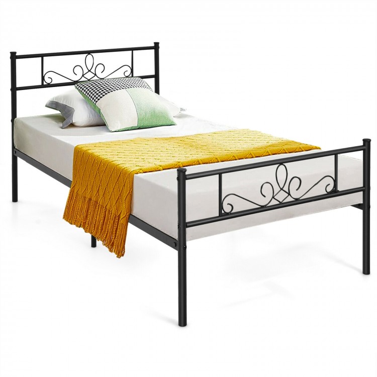 Twin size metal bed frame with headboard and footboard, featuring a durable powder-coated finish and elegant design.