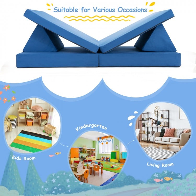 Convertible blue kids couch set with 2 folding mats and pillows, perfect for playrooms and imaginative activities.