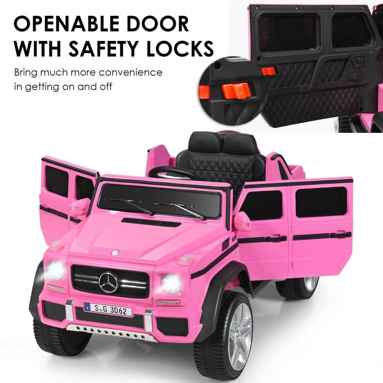Pink licensed Mercedes-Benz kids ride-on car with openable doors and safety locks for secure and fun driving.