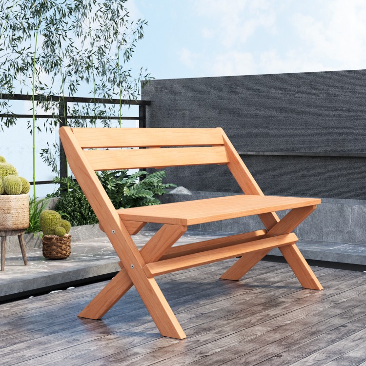 Teak wood folding outdoor bench with slatted seat, X-shaped structure, perfect for backyard or poolside relaxation.