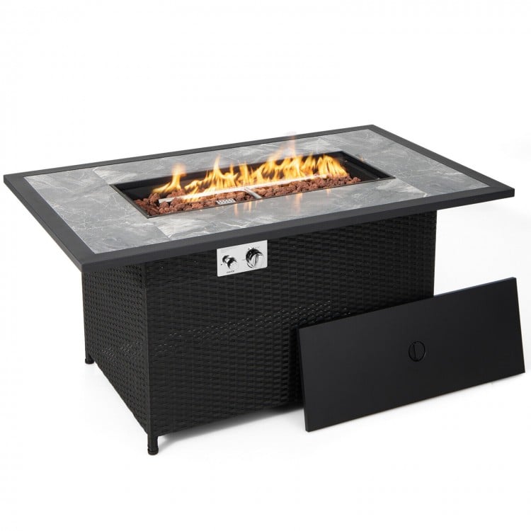 52-inch black rattan wicker propane fire pit table with marble top, lava rock, and rain cover for outdoor heating and.