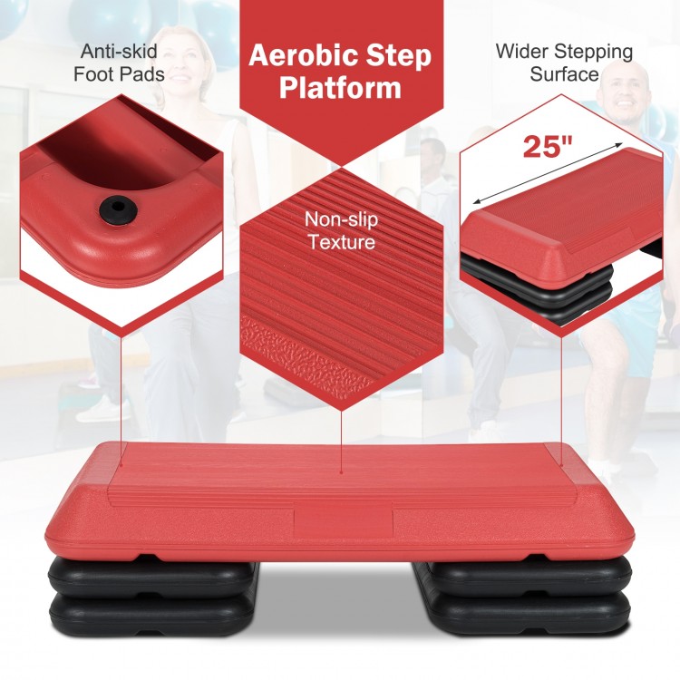 Adjustable red aerobic step platform with non-slip texture and anti-skid foot pads, ideal for versatile workouts.