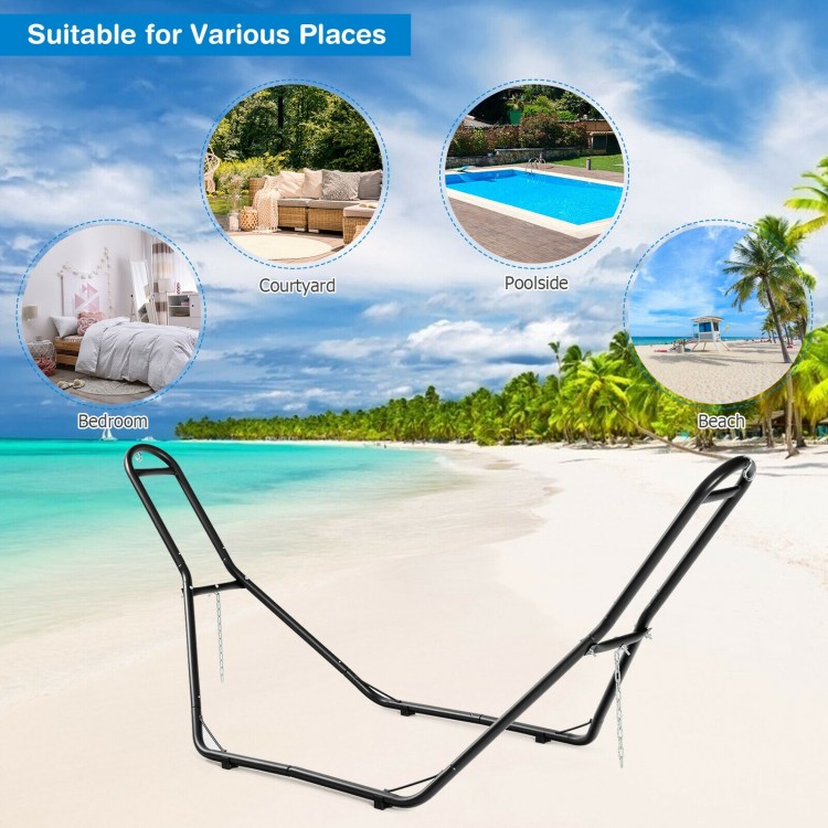 Heavy-duty steel hammock frame with adjustable chains, suitable for patio, garden, or beach use.