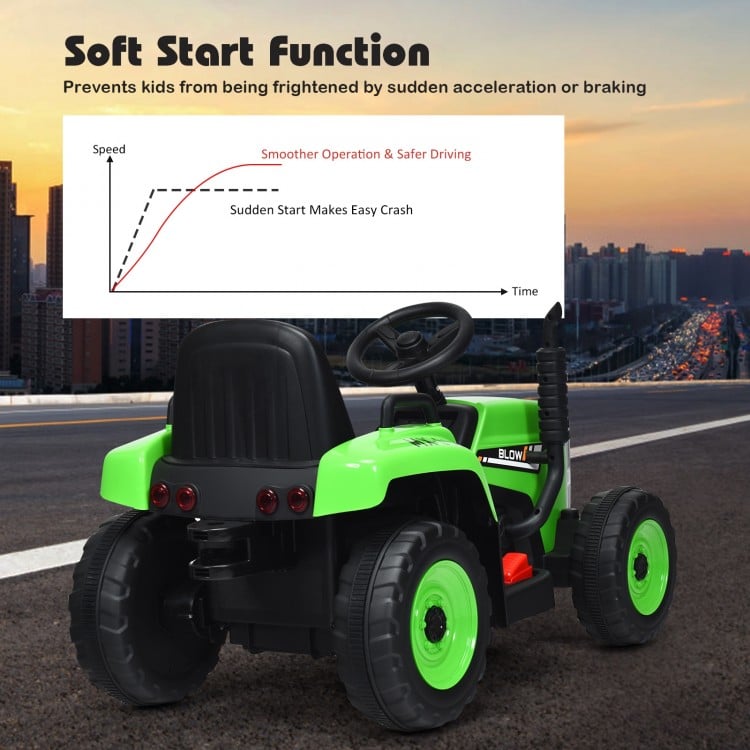 Green 12V ride-on tractor with soft start function, suitable for kids 3+, featuring a detachable trailer and safety.