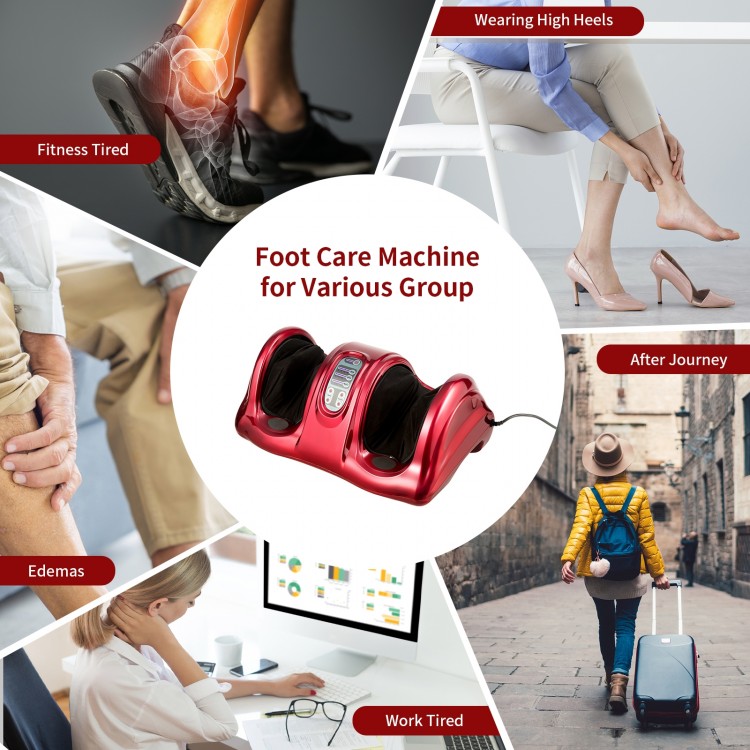 Therapeutic shiatsu foot massager in wine color showing high-intensity rollers and compact design for easy storage and.