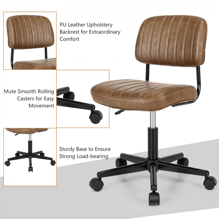 Brown PU leather adjustable office chair with backrest and smooth-rolling casters for versatile use in any setting.