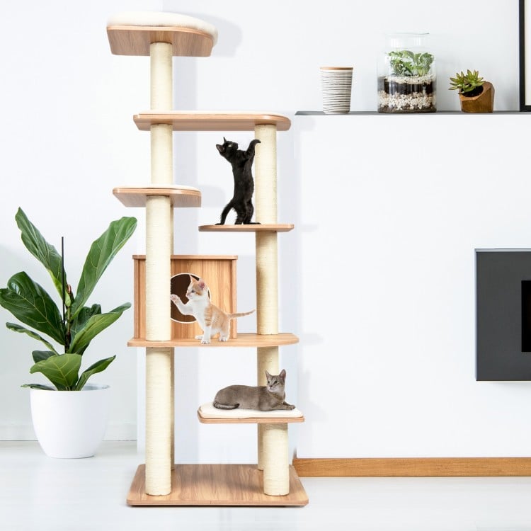 Tall 7-layer wooden cat tree with sisal posts, featuring multiple platforms for climbing and play in a stylish design.