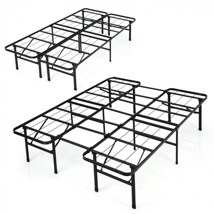 Folding steel platform bed frame in black for full/king size, featuring a stable design and convenient under-bed.