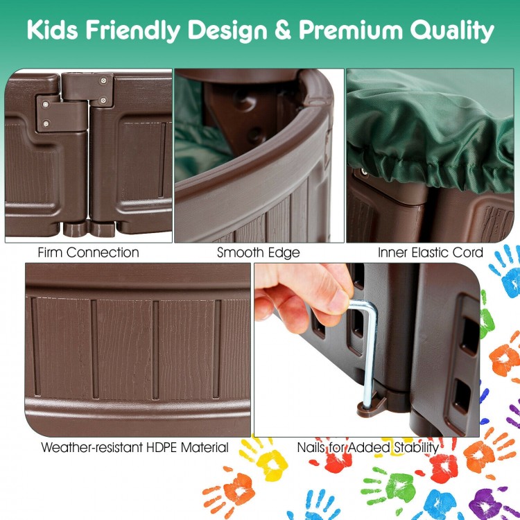 Sandbox with built-in corner seats, made from weather-resistant HDPE, featuring smooth edges and a dust-proof cover.