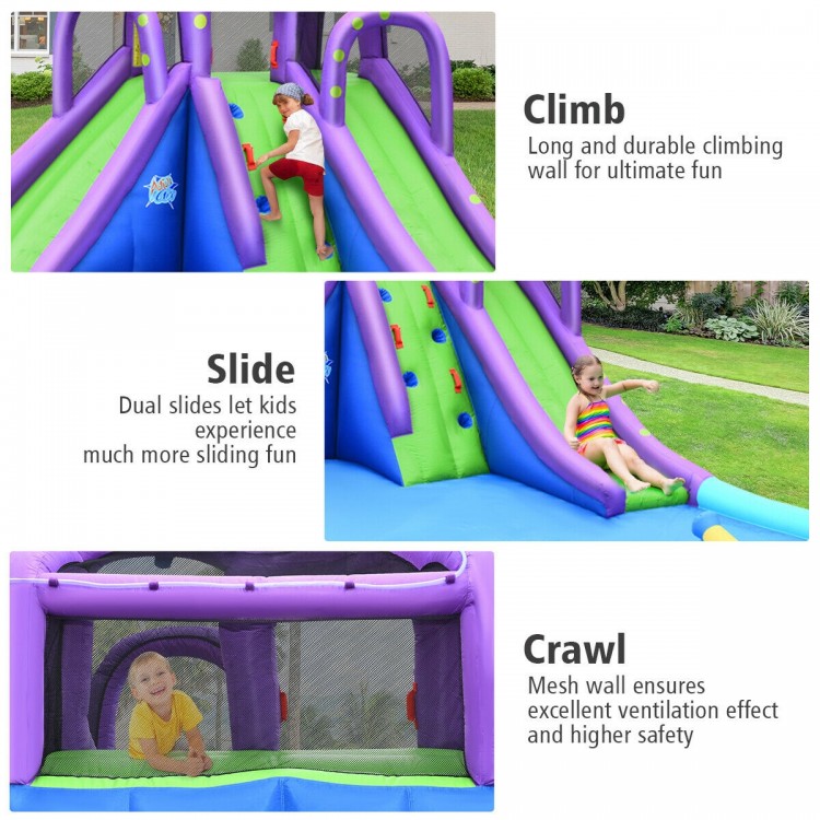 Inflatable water park featuring a climbing wall, dual slides, and a large splashing pool for summer fun.