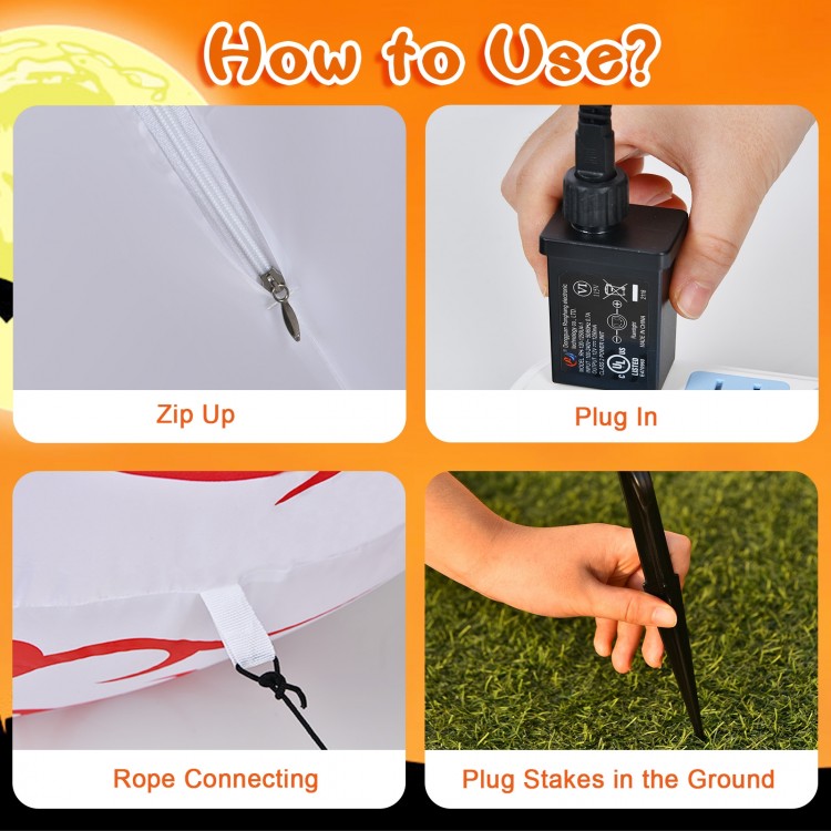Step-by-step guide for using 3 feet Halloween inflatable eyeballs, including zipping, plugging in, connecting ropes.