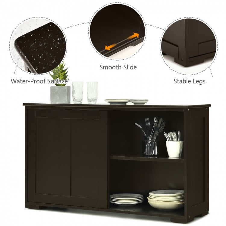 Kitchen storage cabinet with wood sliding doors, showcasing a water-proof surface and smooth slide for easy access.