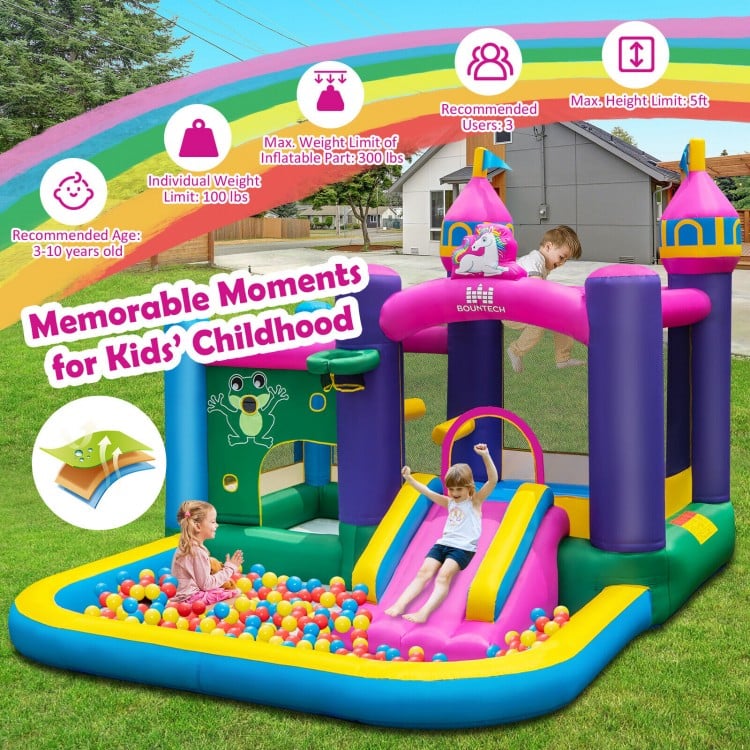 Unicorn-themed 6-in-1 inflatable bounce house with slide and ball pit, perfect for kids' outdoor playtime fun.