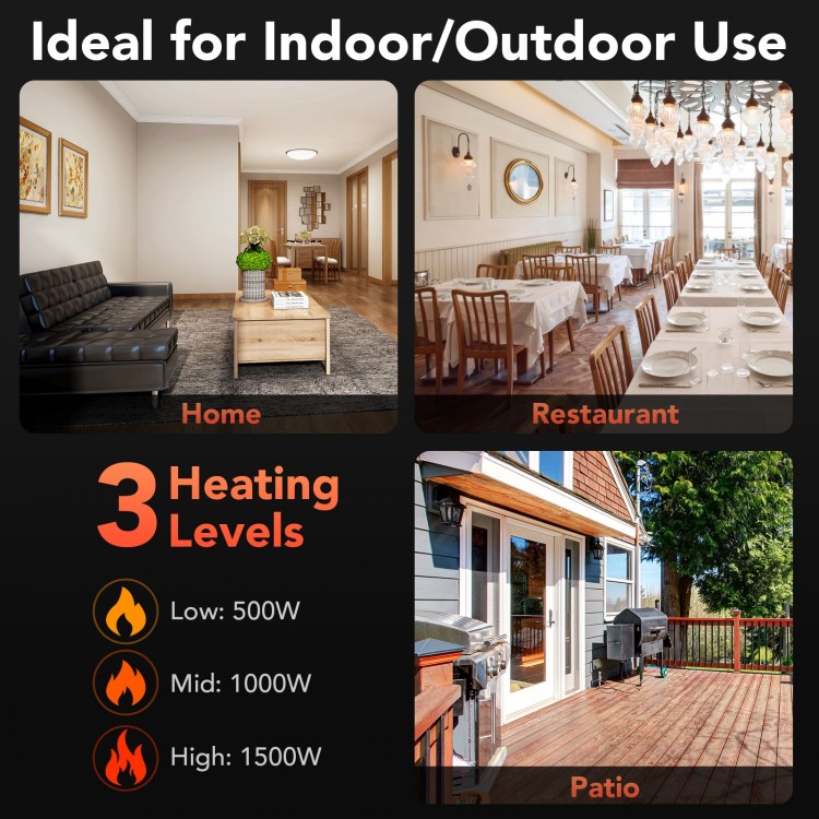 Wall-mounted electric heater with remote control, 1500W, waterproof design, ideal for indoor and outdoor use.