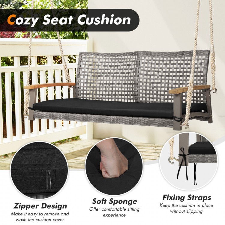 Black seat cushion for 2-person patio wicker hanging swing chair, featuring a zipper design and fixing straps for.