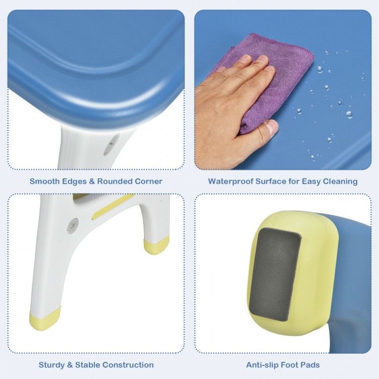 Kids activity table and chair set in blue, featuring a waterproof surface and anti-slip foot pads for safety and.