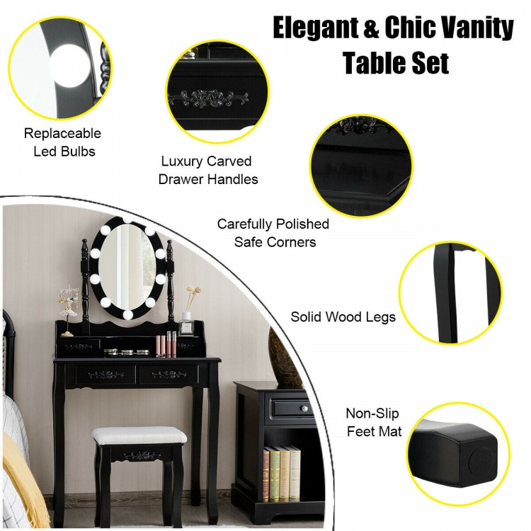 Black makeup dressing table set featuring a lighted mirror, cushioned stool, and ample storage with elegant carved.