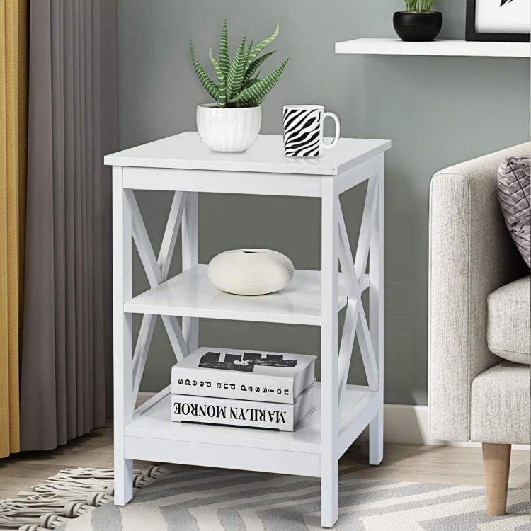 3-tier white nightstand with X-design, showcasing a stylish top surface and open shelving for versatile storage.
