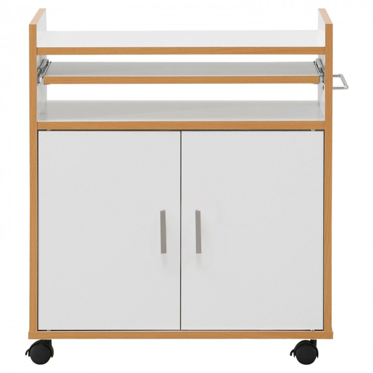 Rolling kitchen island on wheels with removable shelf, towel rack, and engineered wood construction for added storage.