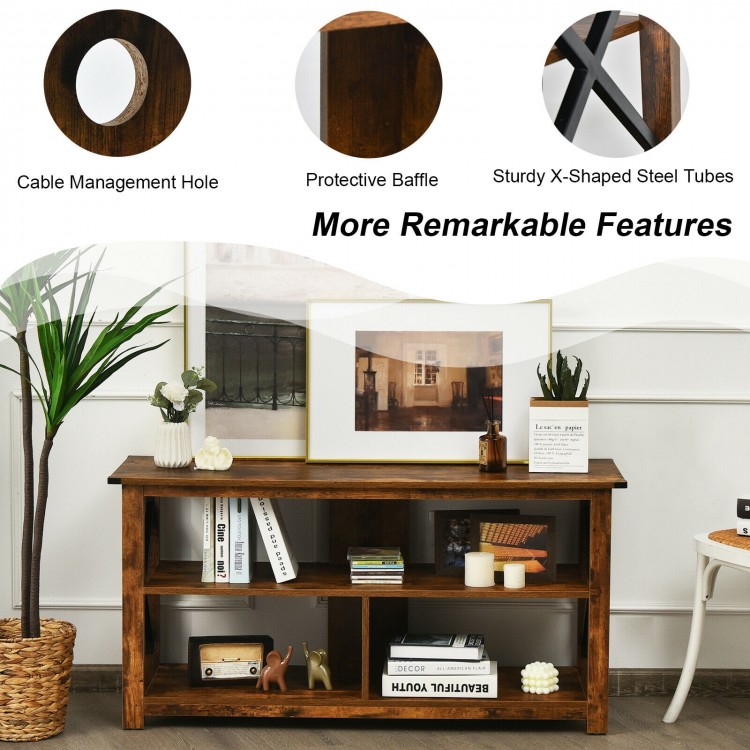 Modern farmhouse TV stand in brown with open shelves, cable management hole, and sturdy X-shaped steel tubes for living.