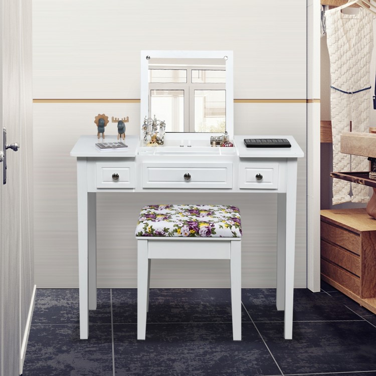 Vanity dressing table set in white with flip top mirror and floral stool, ideal for compact spaces and stylish storage.