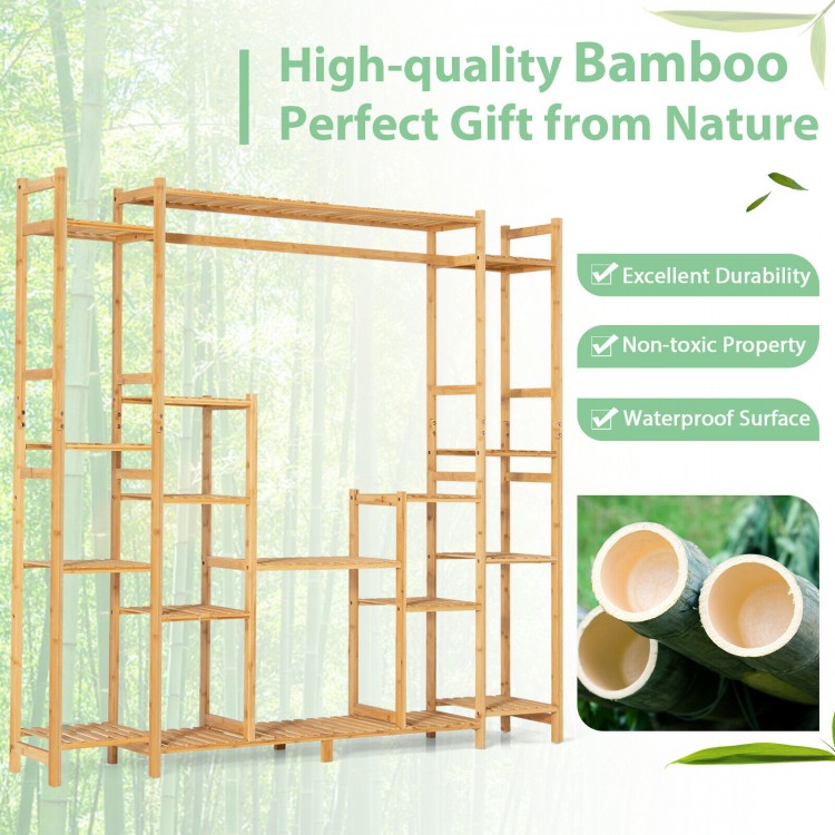 9-tier bamboo plant stand with hanging rack, featuring durable shelves for plants, ideal for living room or garden use.