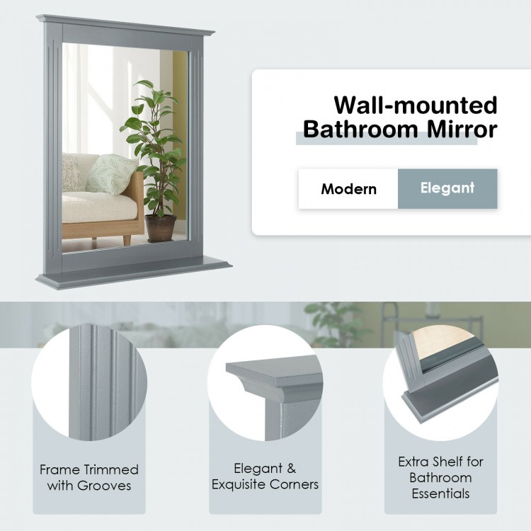 Wall-mounted gray vanity mirror with shelf, featuring elegant grooves and high-definition reflection for versatile home.