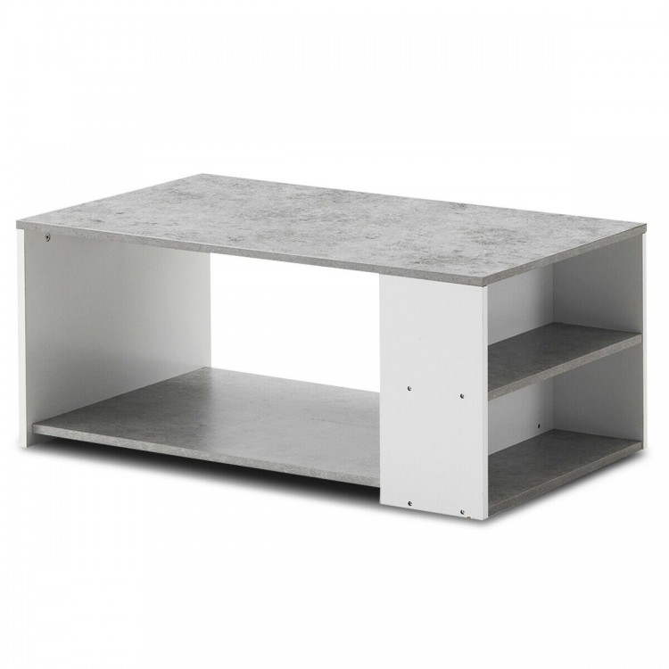 Gray coffee table with storage shelves, made of P2 MDF and particle board, ideal for living room or office use.
