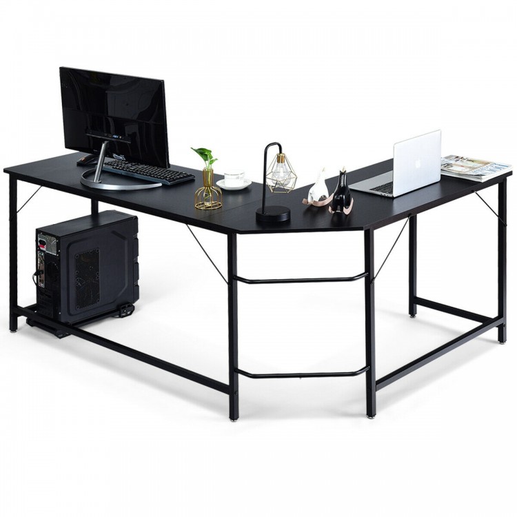 L-shaped black corner computer desk with spacious surface, adjustable footpads, and separate CPU stand for efficient.