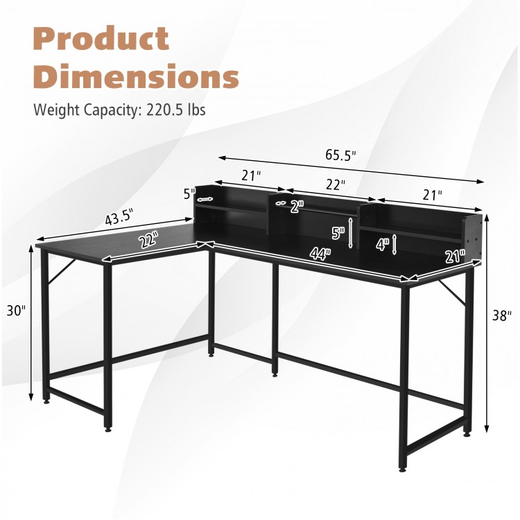 L-shaped black computer desk with bookshelf, featuring a spacious surface and sturdy steel frame for home office use.