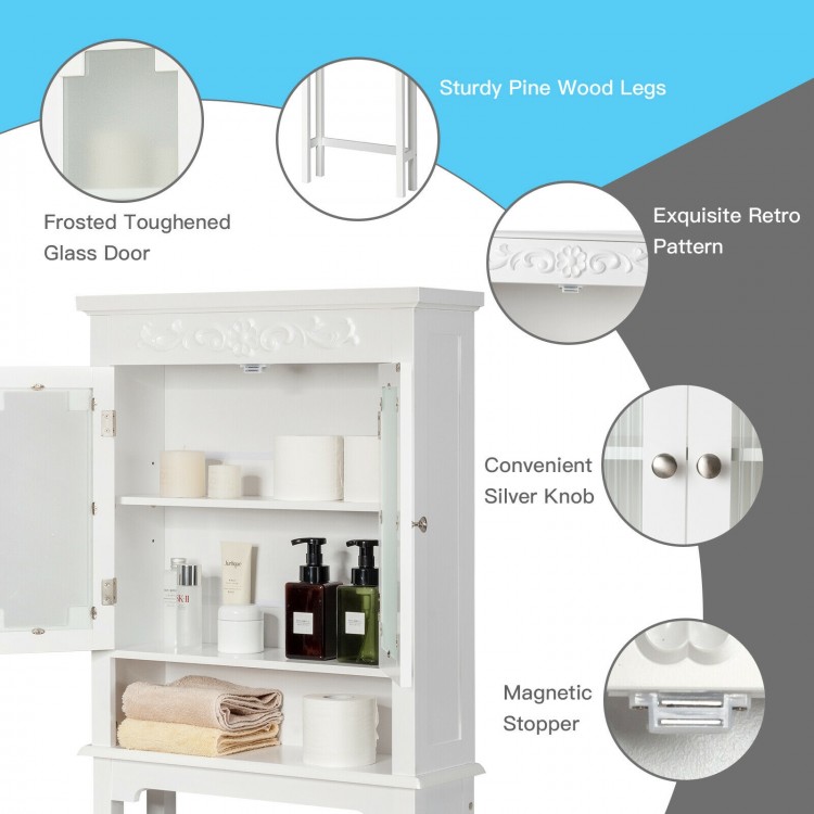 Bathroom space saver with frosted glass door, adjustable shelf, and sturdy pine wood legs for versatile storage.