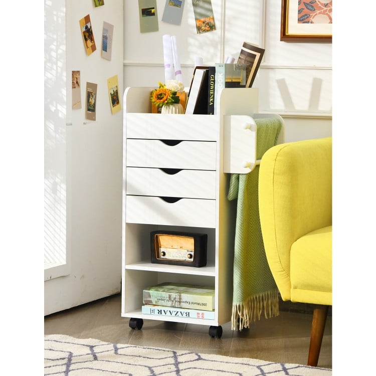 Compact white wooden utility rolling craft storage cart with 3 drawers and 3 shelves, designed for easy mobility and.