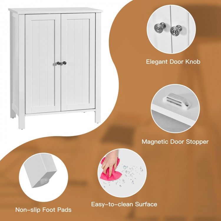 2-door bathroom floor storage cabinet in white with adjustable shelves, elegant knobs, and non-slip foot pads for.