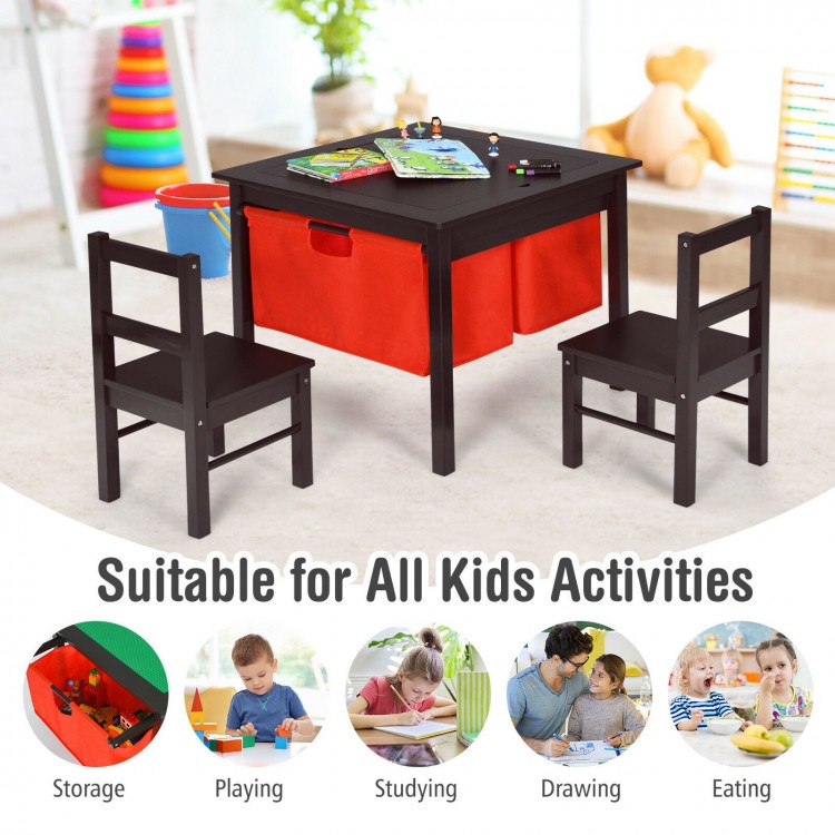 Kids double-sided activity table with drawers in brown, perfect for playing, studying, drawing, and eating.