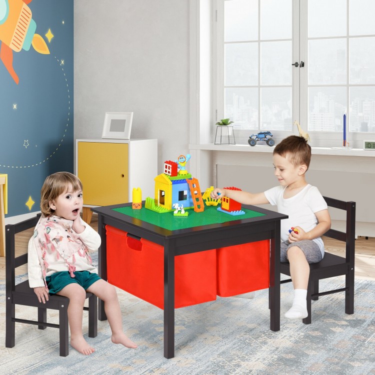 Kids activity table with storage and two chairs, dark brown, perfect for building blocks and various activities.