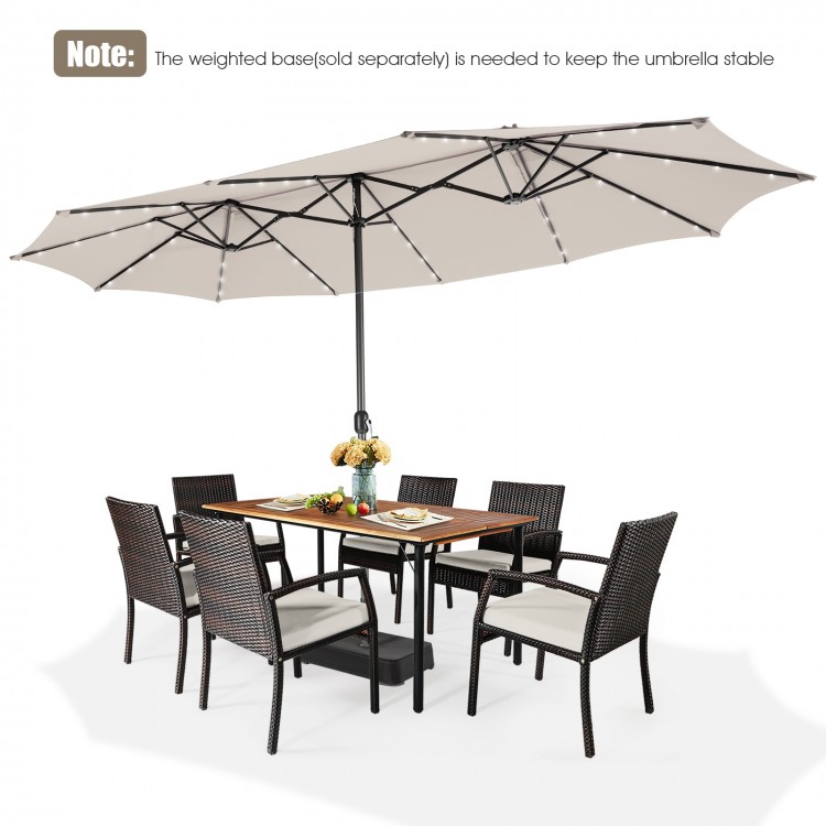 Double-sided 15-foot patio umbrella in beige with 48 solar LED lights, perfect for outdoor dining and relaxation.
