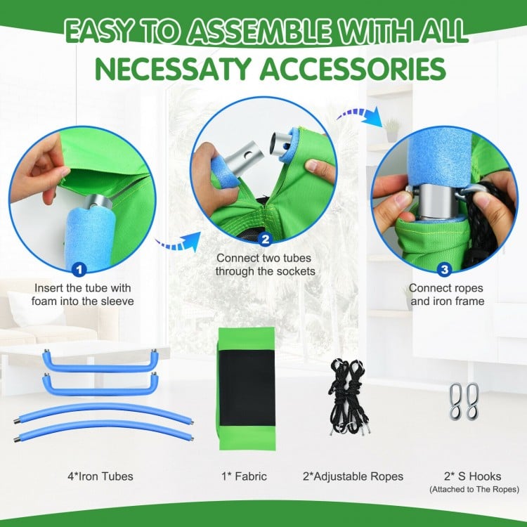 Assembly instructions for the 700lb giant 60-inch green tree swing, featuring foam tubes and adjustable ropes.