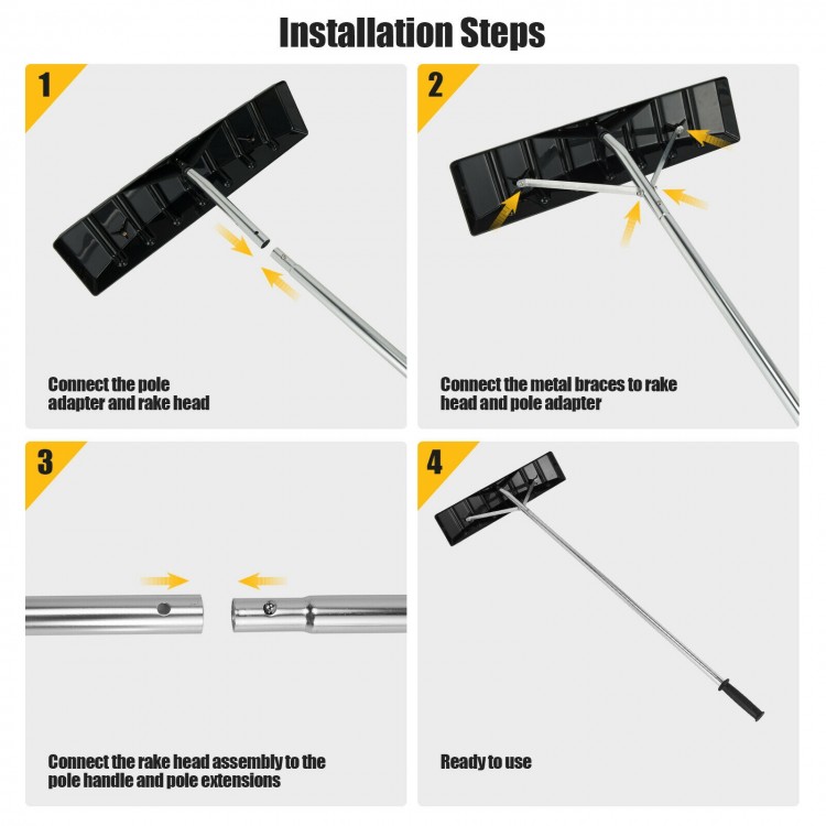 Installation steps for the 20 feet extendable aluminum snow roof rake with anti-slip handle and triangular bracket.