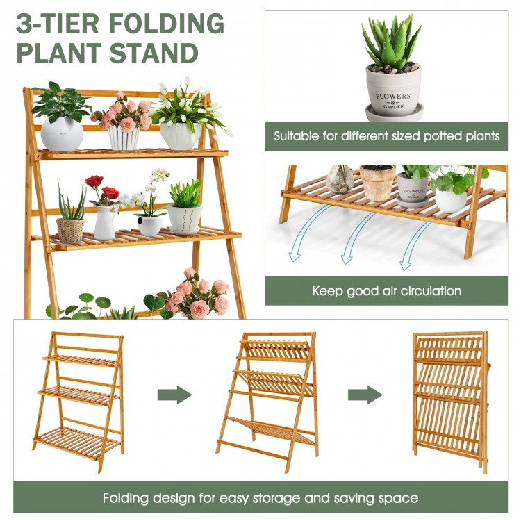 3-tier bamboo folding plant stand showcasing potted plants, designed for indoor and outdoor use with easy storage.