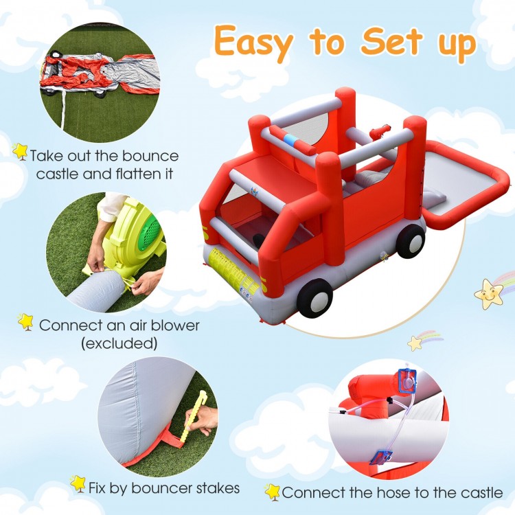 Fire truck-themed inflatable bounce house detail showing the slide and water spray features for summer fun and active.