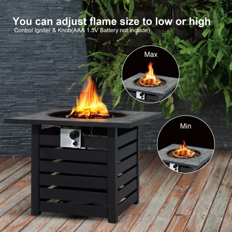 Square propane fire pit table with adjustable flame size, lava rocks, and PVC cover for outdoor use in patio or garden.