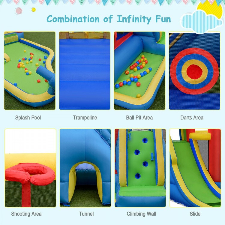 Inflatable bounce house with slide, trampoline, climbing wall, and splash pool, made of puncture-resistant PVC fabric.
