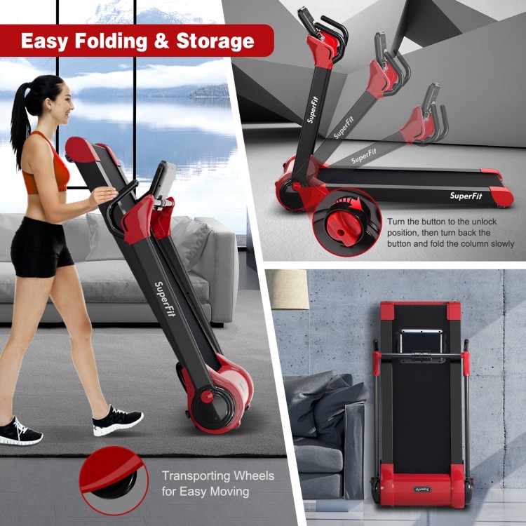 Folding treadmill with transport wheels, featuring a 2.25 HP motor and LED display for home and office workouts.