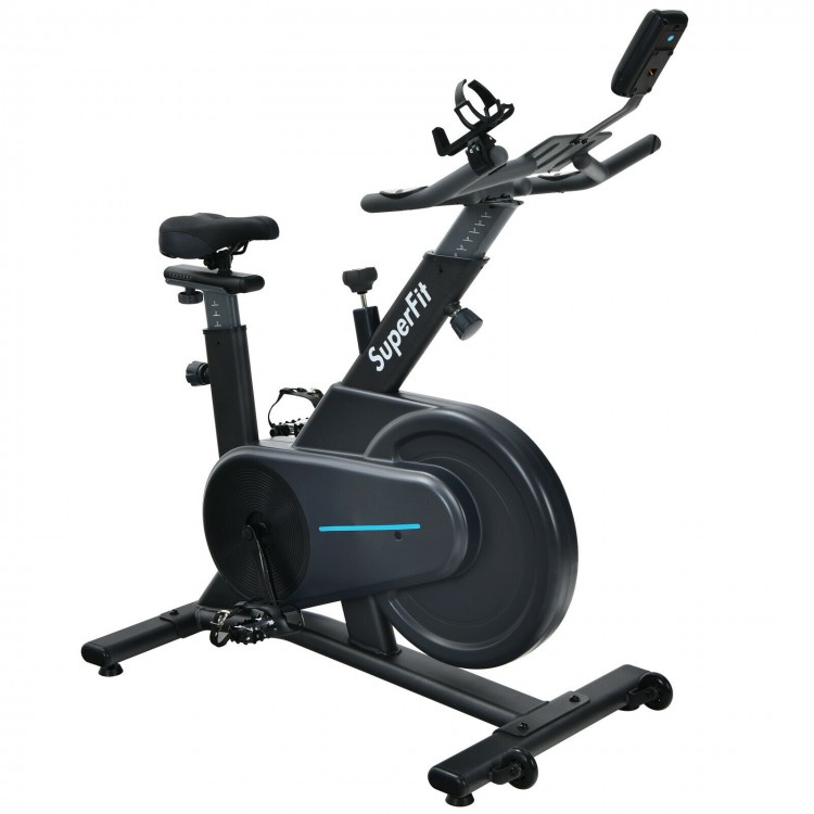 Magnetic exercise bike with aluminum alloy pedals, featuring adjustable resistance and emergency brake for versatile.