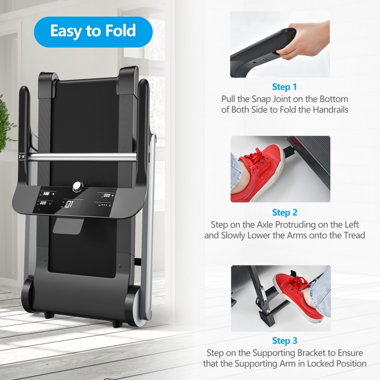 Folding treadmill with LED display and adjustable speed for home workouts, shown in a step-by-step folding process.