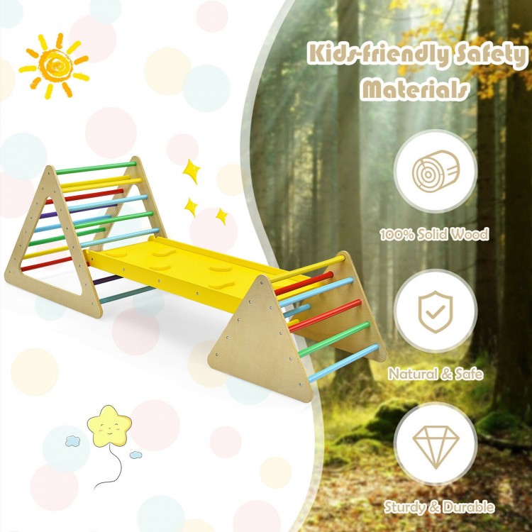 3-in-1 wooden climbing toy set featuring two triangle climbers and a ramp, designed for kids' safety and play.